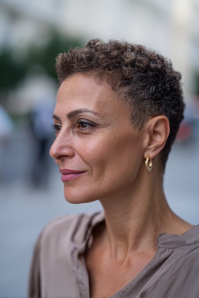 Curly crop on older woman with defined texture and controlled volume.