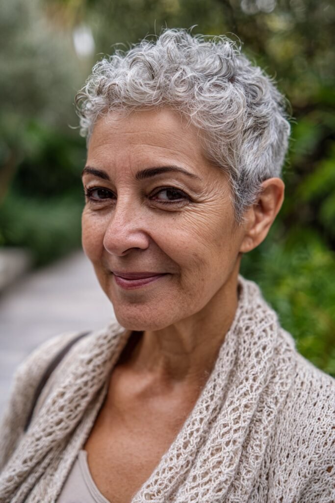 Older woman with curly crown crop and lifted volume.