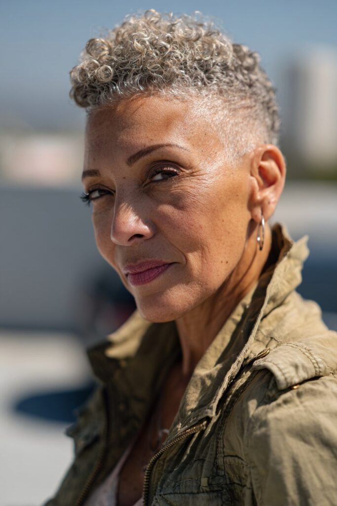 Older woman wearing curly faux hawk with tapered sides.