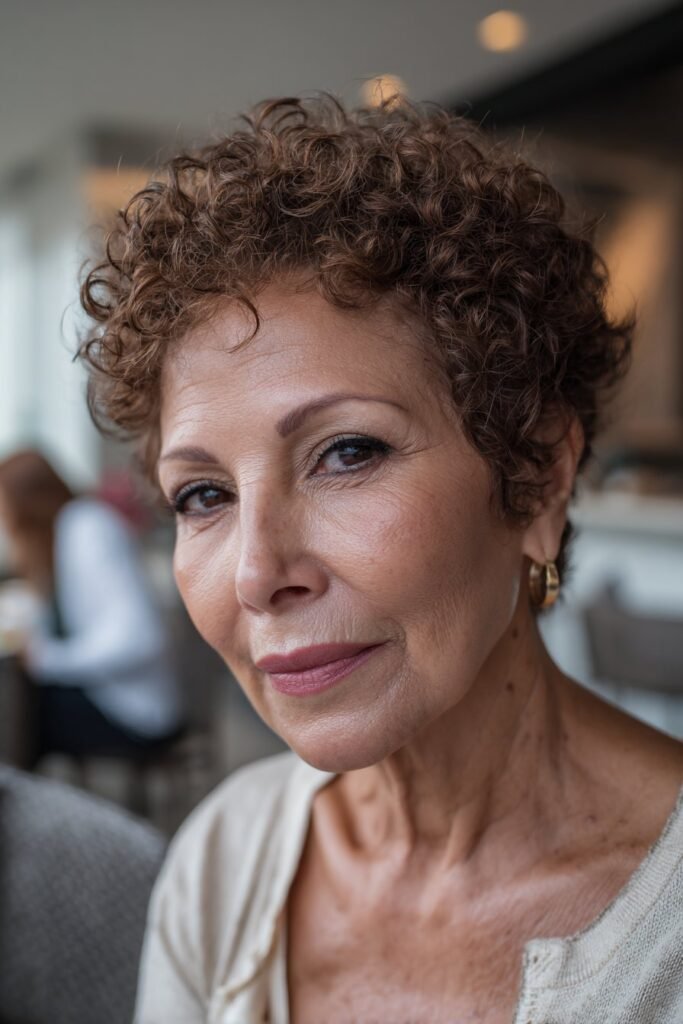 Older woman with curly pixie hairstyle and natural soft bounce.