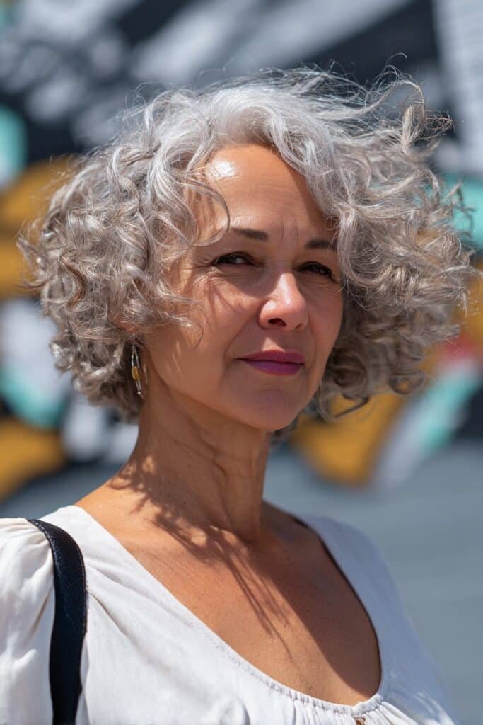 Curly shag short haircut for older women with textured layers.