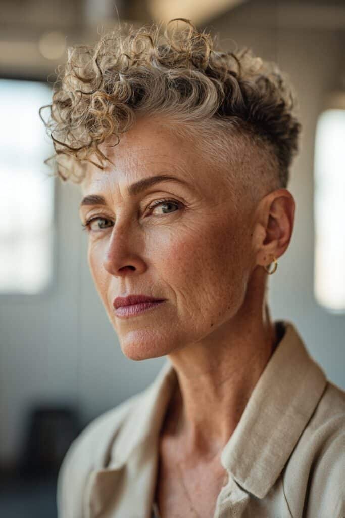Curly undercut hairstyle on older woman with defined top curls.
