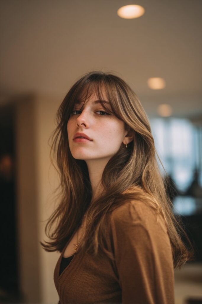 Woman wearing side-part curtain fringe with blended side-swept bangs and long hair.