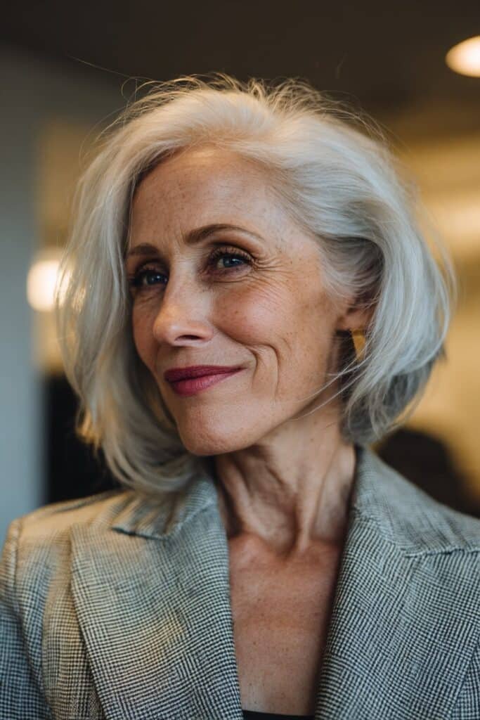 Older woman with deep side part blowout hairstyle.