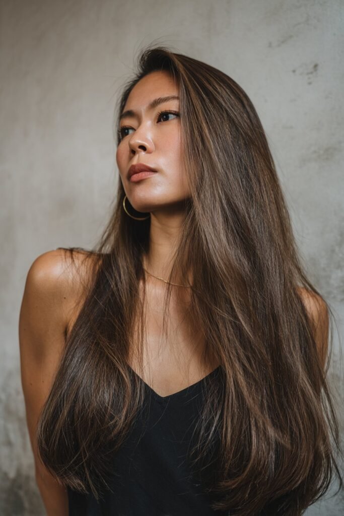 Young woman wearing a dramatic deep side-part curtain fringe with bold face-framing layers.