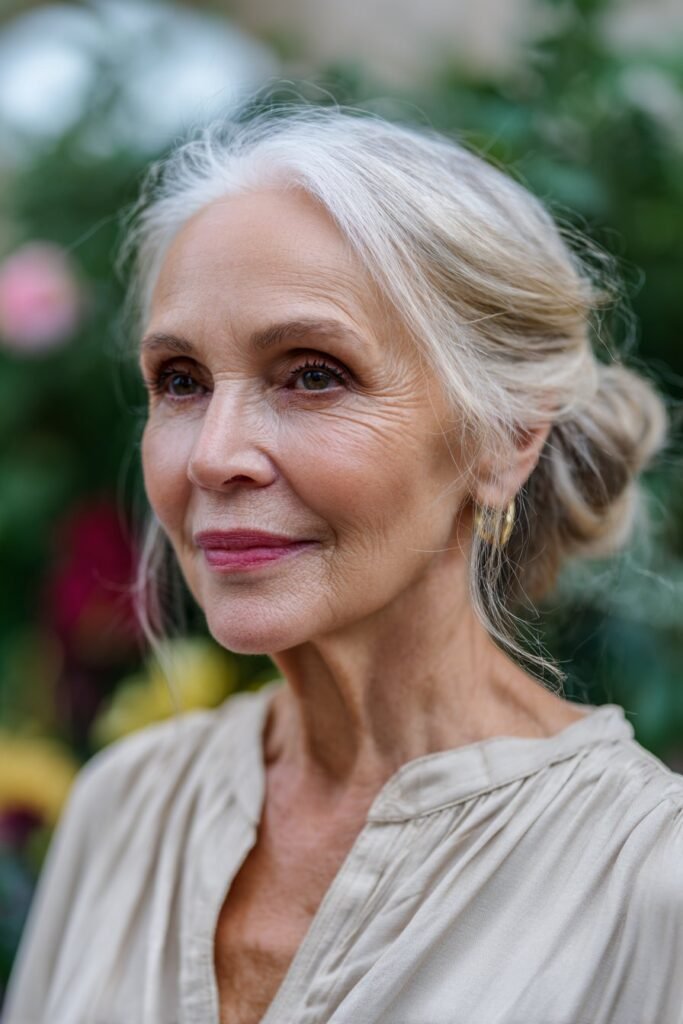 Older woman with effortless loose chignon updo hairstyle.