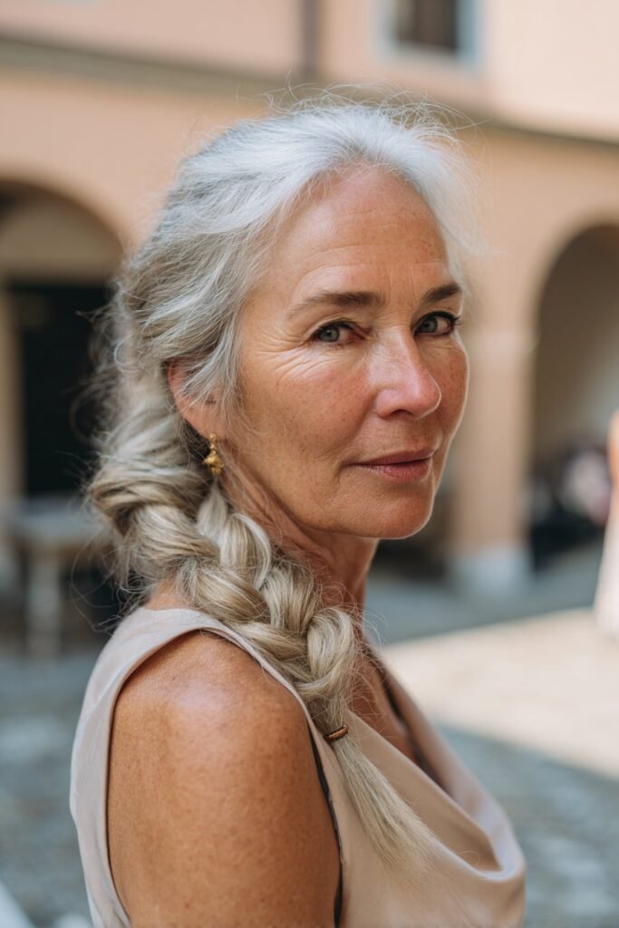 Older woman with elegant fishtail side braid hairstyle.