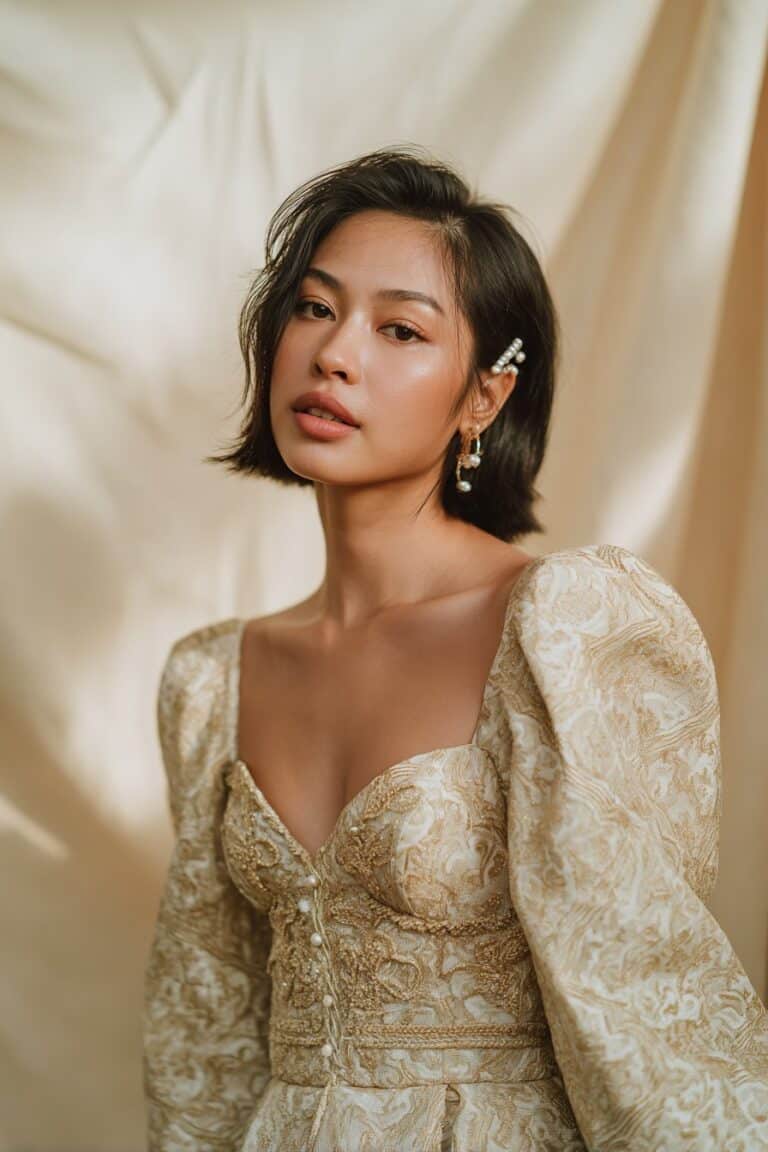 Engagement hairstyle for short hair with a low chignon Bob with pearl pins.