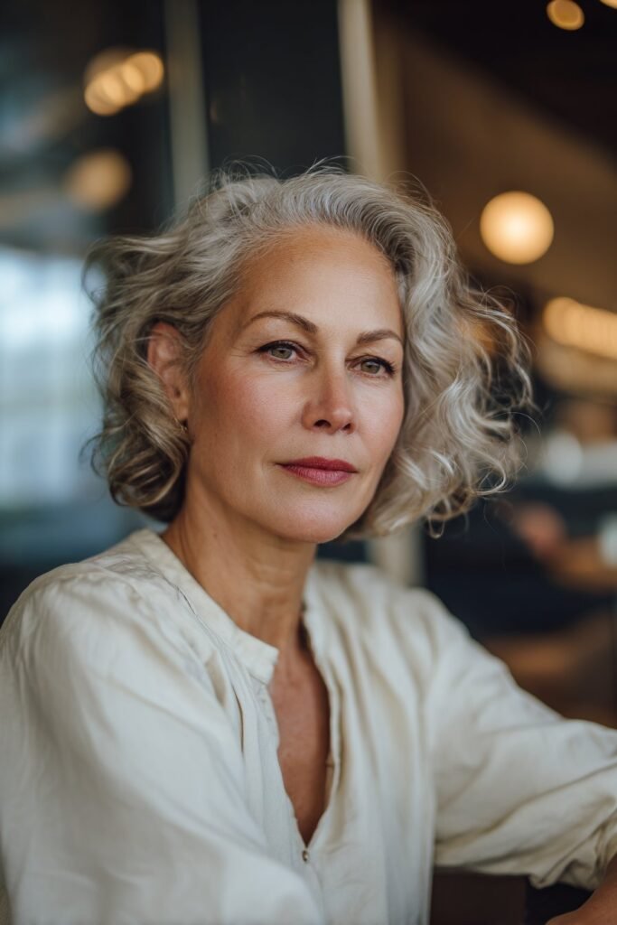 Older woman wearing a side swept curly bob hairstyle.
