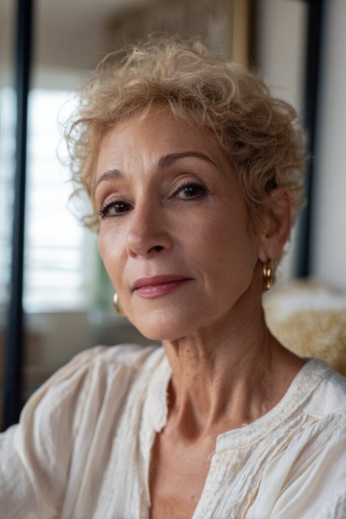 Older woman with feathered curl cut and airy layered curls.