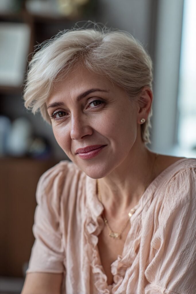 Feathered short cut softening dense coarse texture on older woman.
