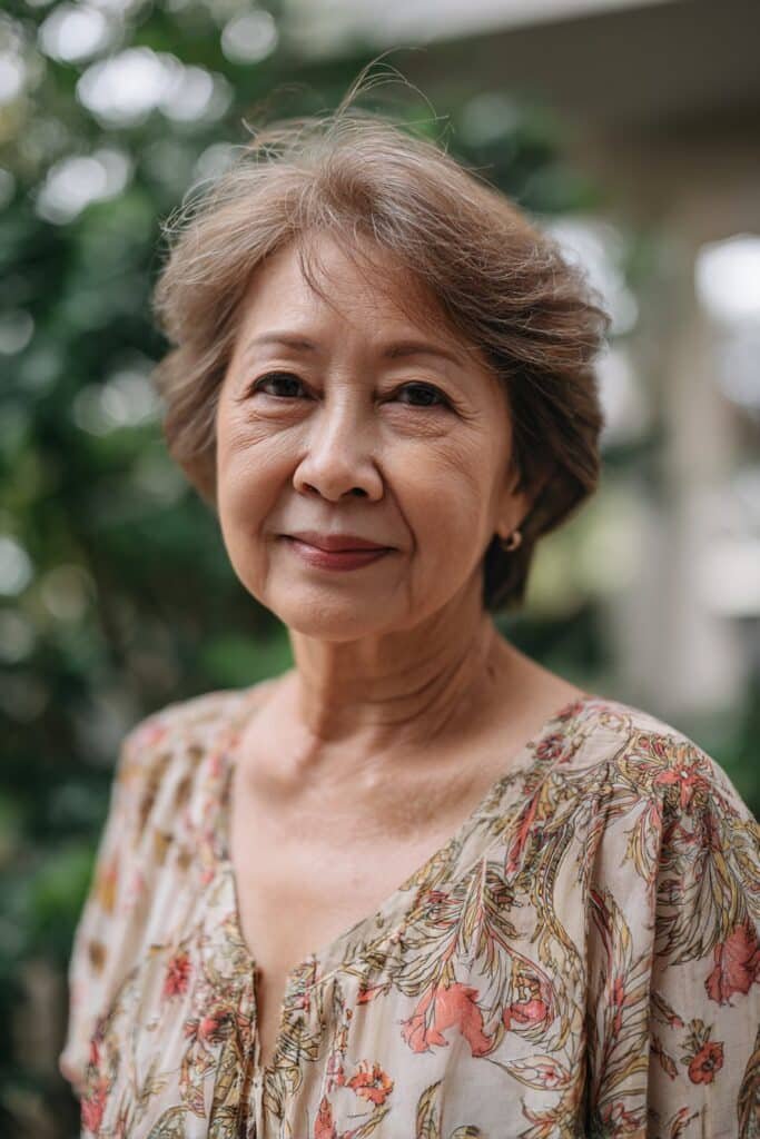 Feathered short cut with airy layers on older woman with fine hair.