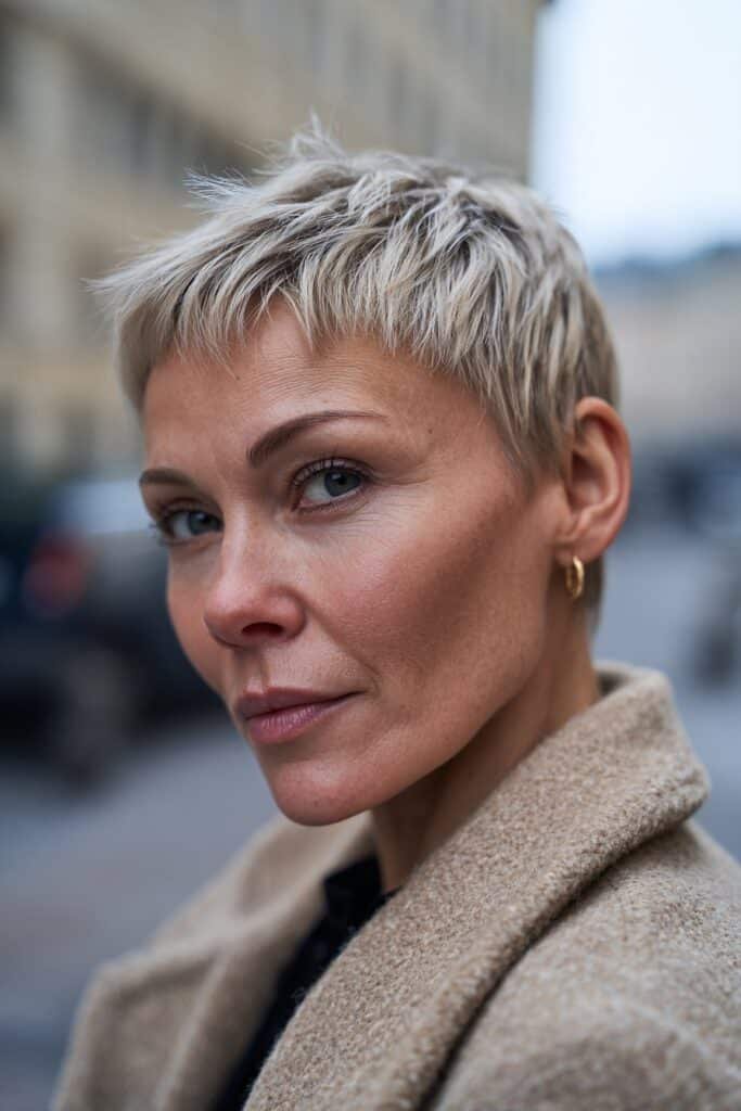 French crop short haircut for older women with coarse hair and blunt fringe.