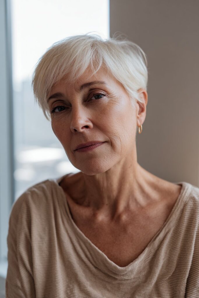 French crop on older woman with soft fringe and airy texture.