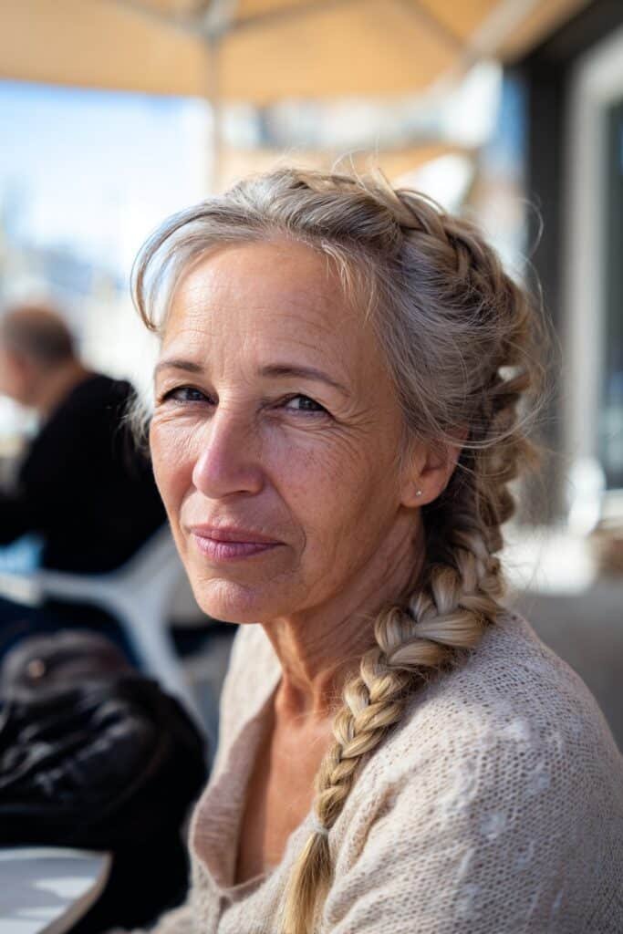 Older woman with French inspired side braid and long hair.