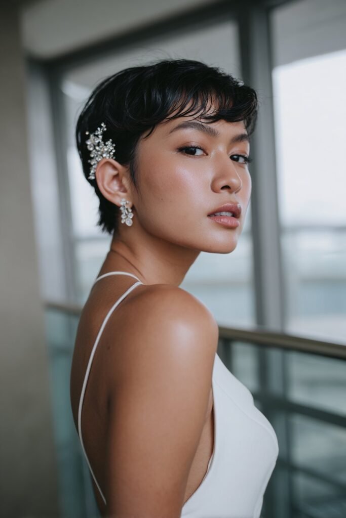 Bride wearing a glamorous wet-look side-swept short haircut.