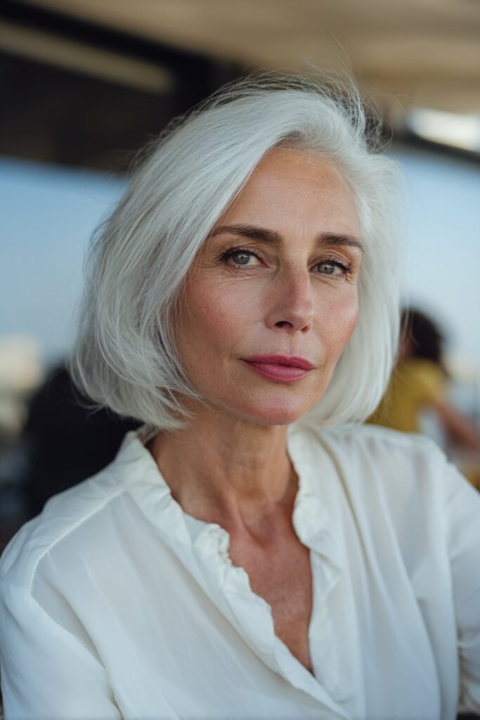 Older woman with graduated bob and stacked crown shape.