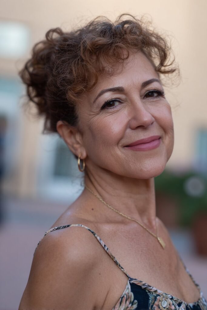 Woman with half up curly crown and soft top volume.