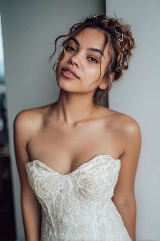 Bride wearing a half-up twisted crown on short engagement hair.