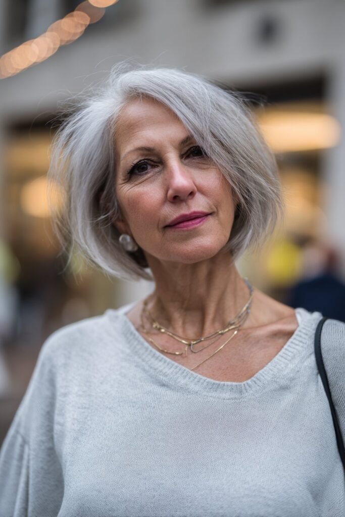 Woman wearing inverted bob with stacked back layers.