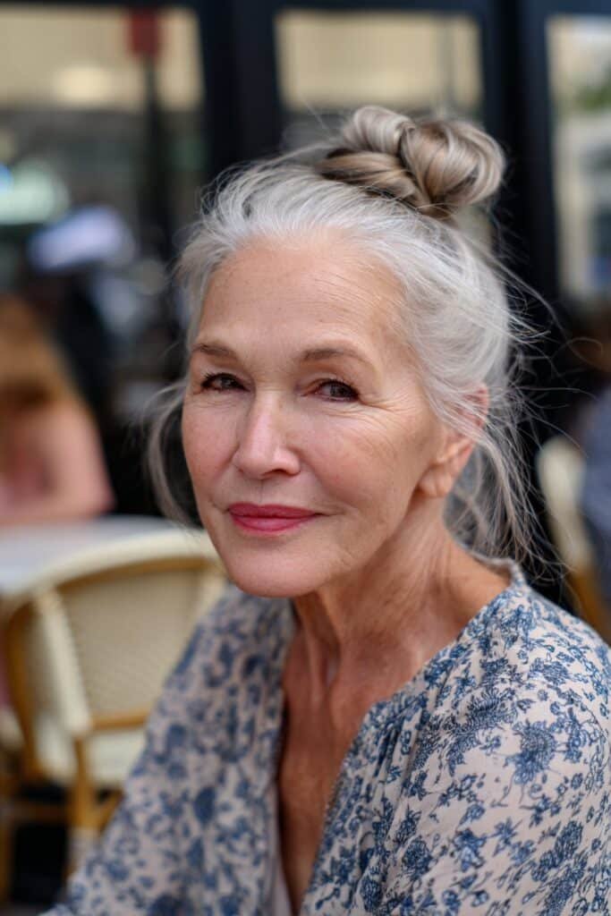 Older woman wearing knotted half updo with soft texture.