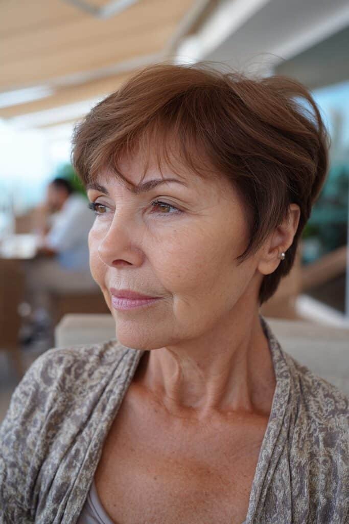 Older woman with ear-length layered bob and soft volume.