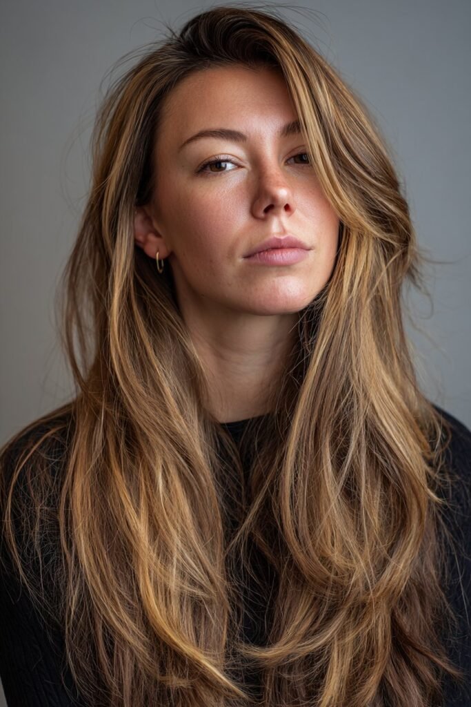 Young woman with layered side-part curtain fringe and soft dimensional framing.