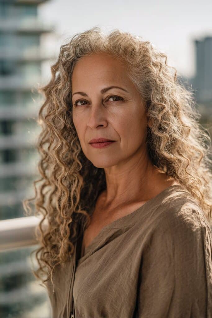 Woman with long layered curls and healthy shine.