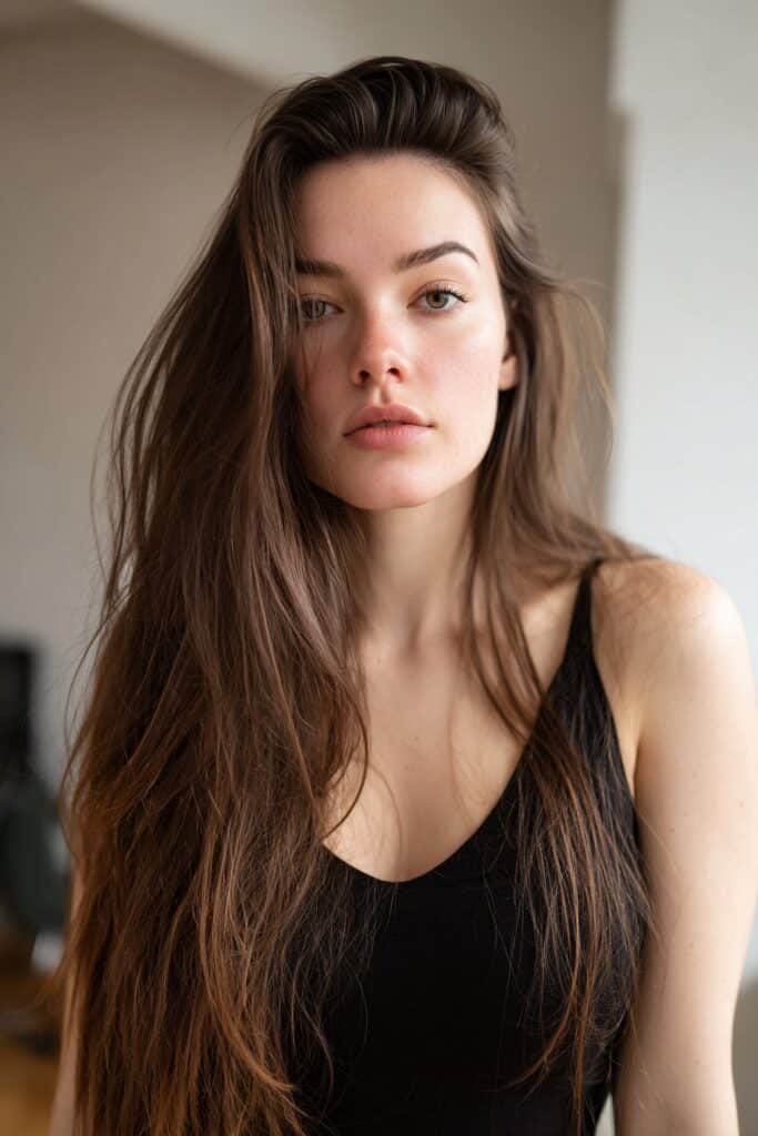 Woman with long side-part curtain fringe cascading smoothly along one side of her face.