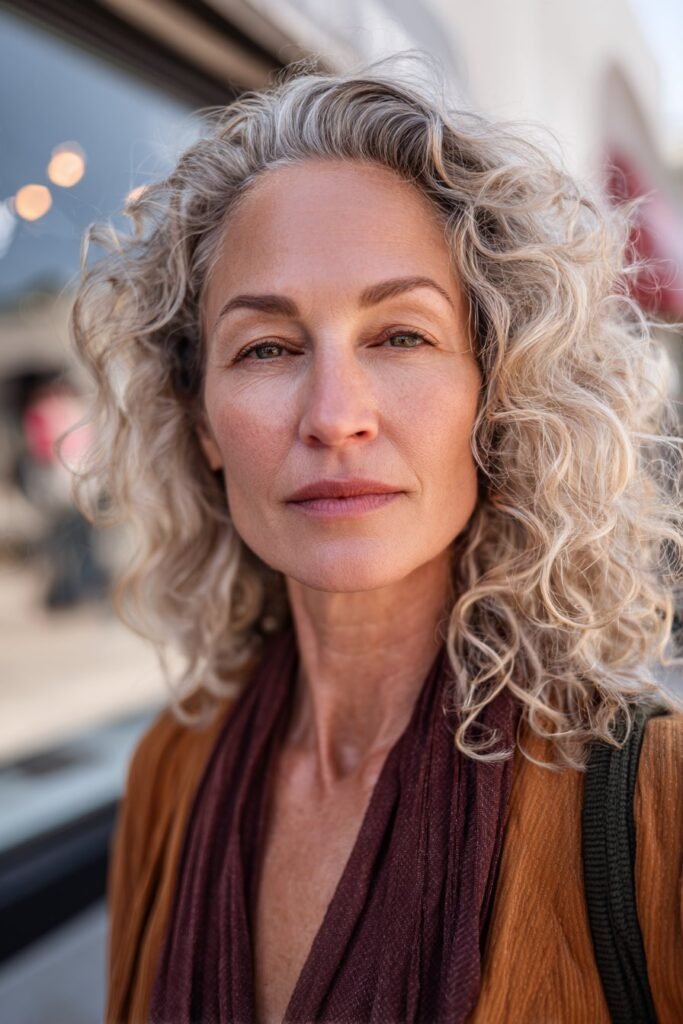 Woman with loose curly waves and face framing layers.