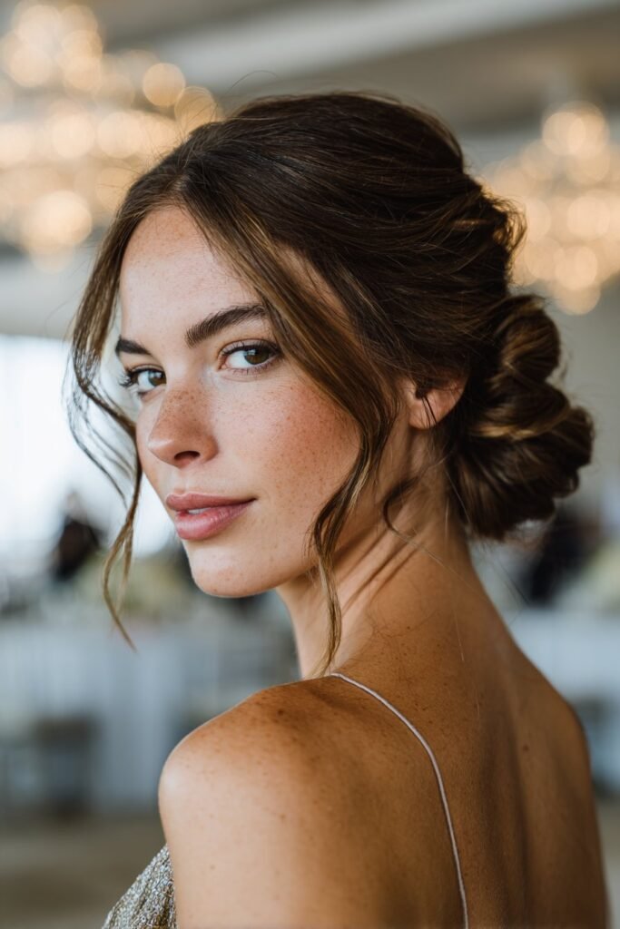 Woman with low chignon bun styled for wedding guest.