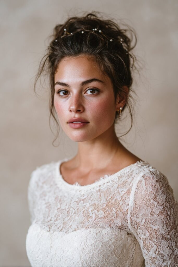 Short engagement hairstyle with a messy romantic mini updo and pearls.
