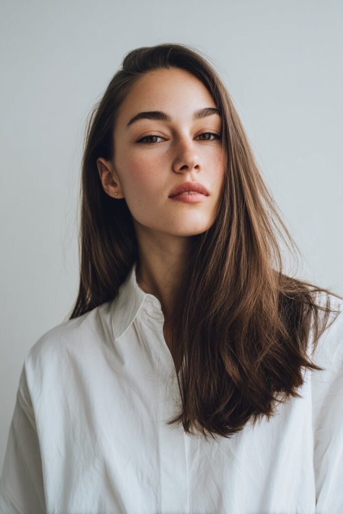 Young woman with minimal side-part curtain fringe styled clean and refined.