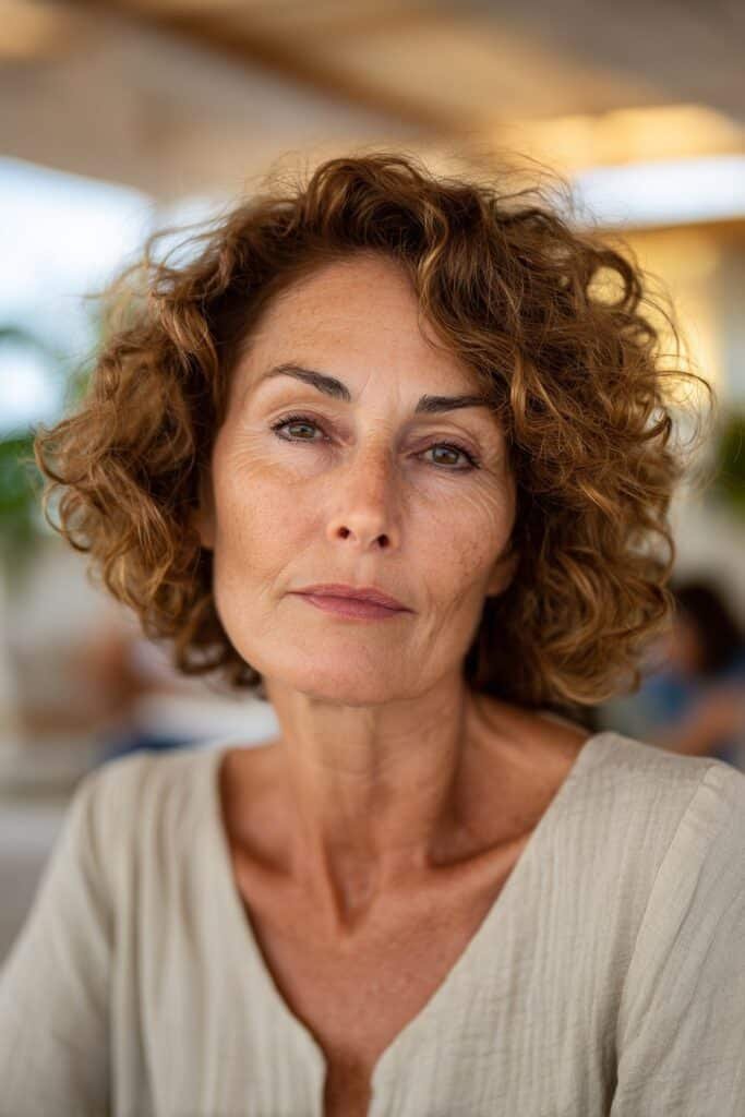 Woman with neck length layered curls and soft bounce.