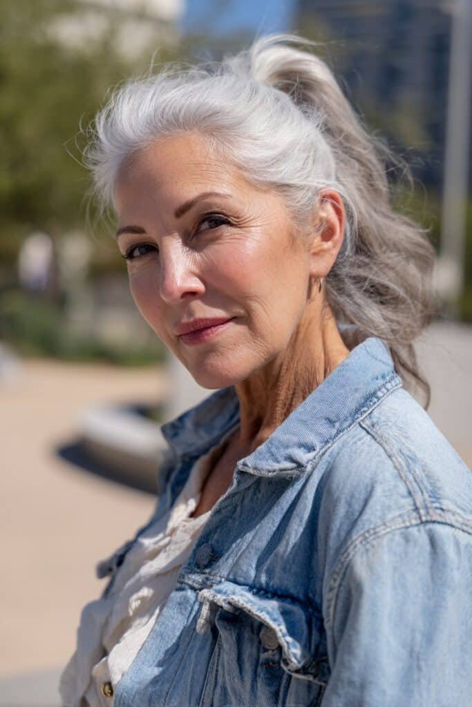 Older woman wearing relaxed high ponytail with soft lift.