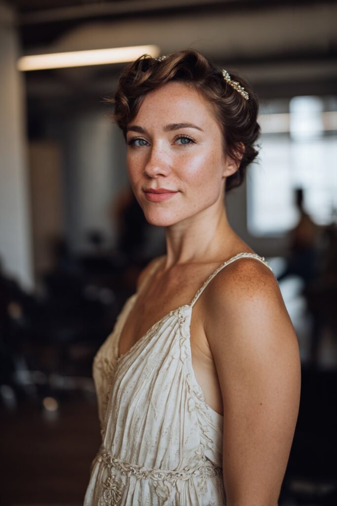 Bride styled in retro victory rolls with crystal clip accessories.
