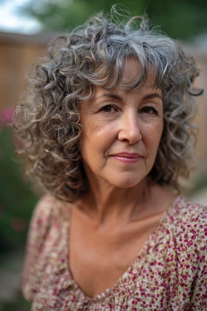 Woman with curly layers and soft bangs framing the face.