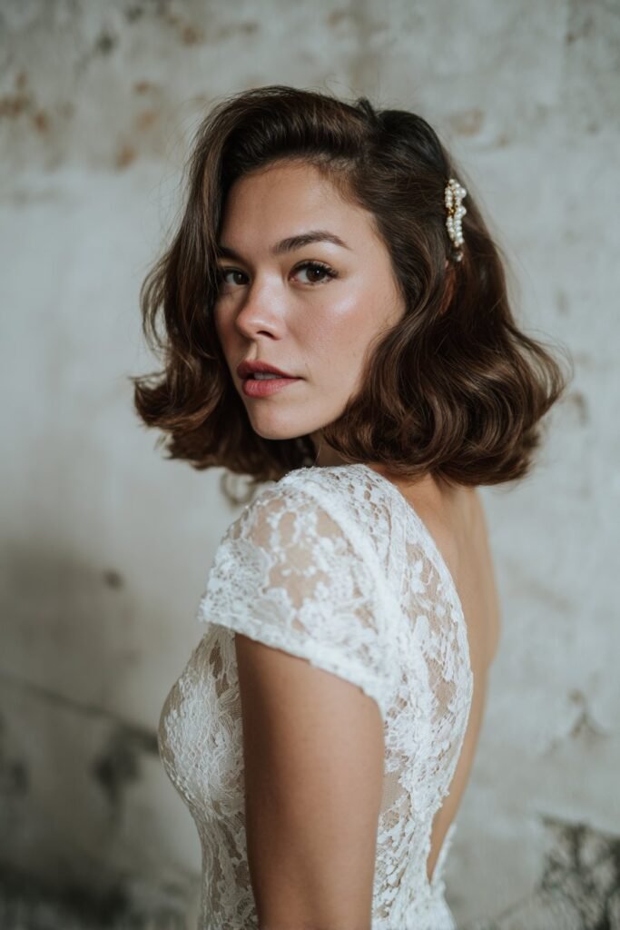 Bride styled in romantic finger waves on a short bob with pearl comb.