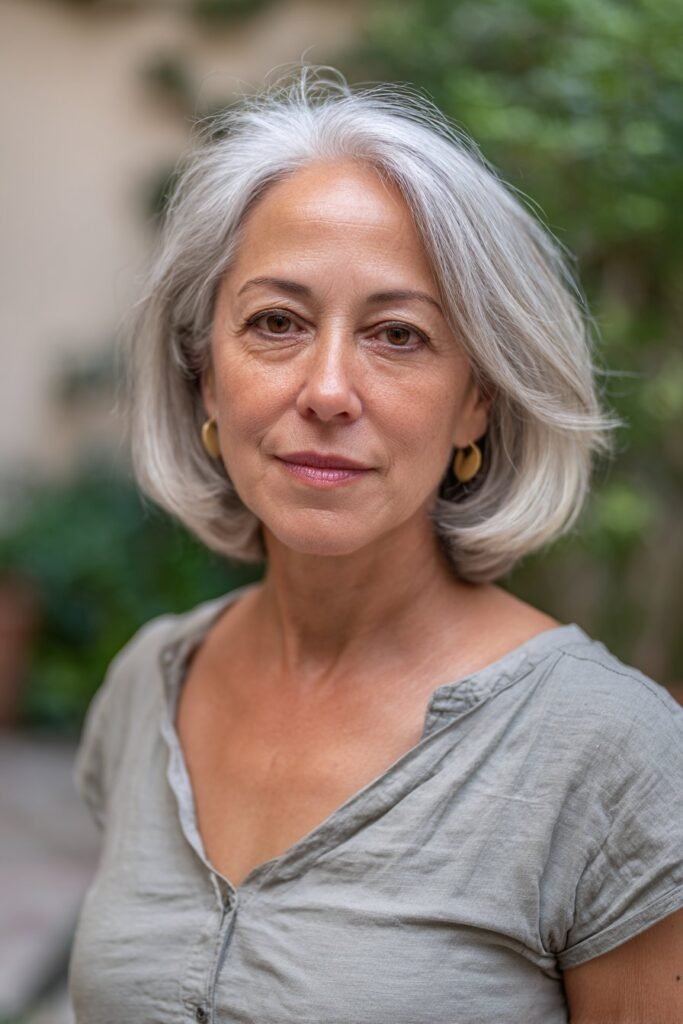 Woman wearing rounded bob with soft curved ends.