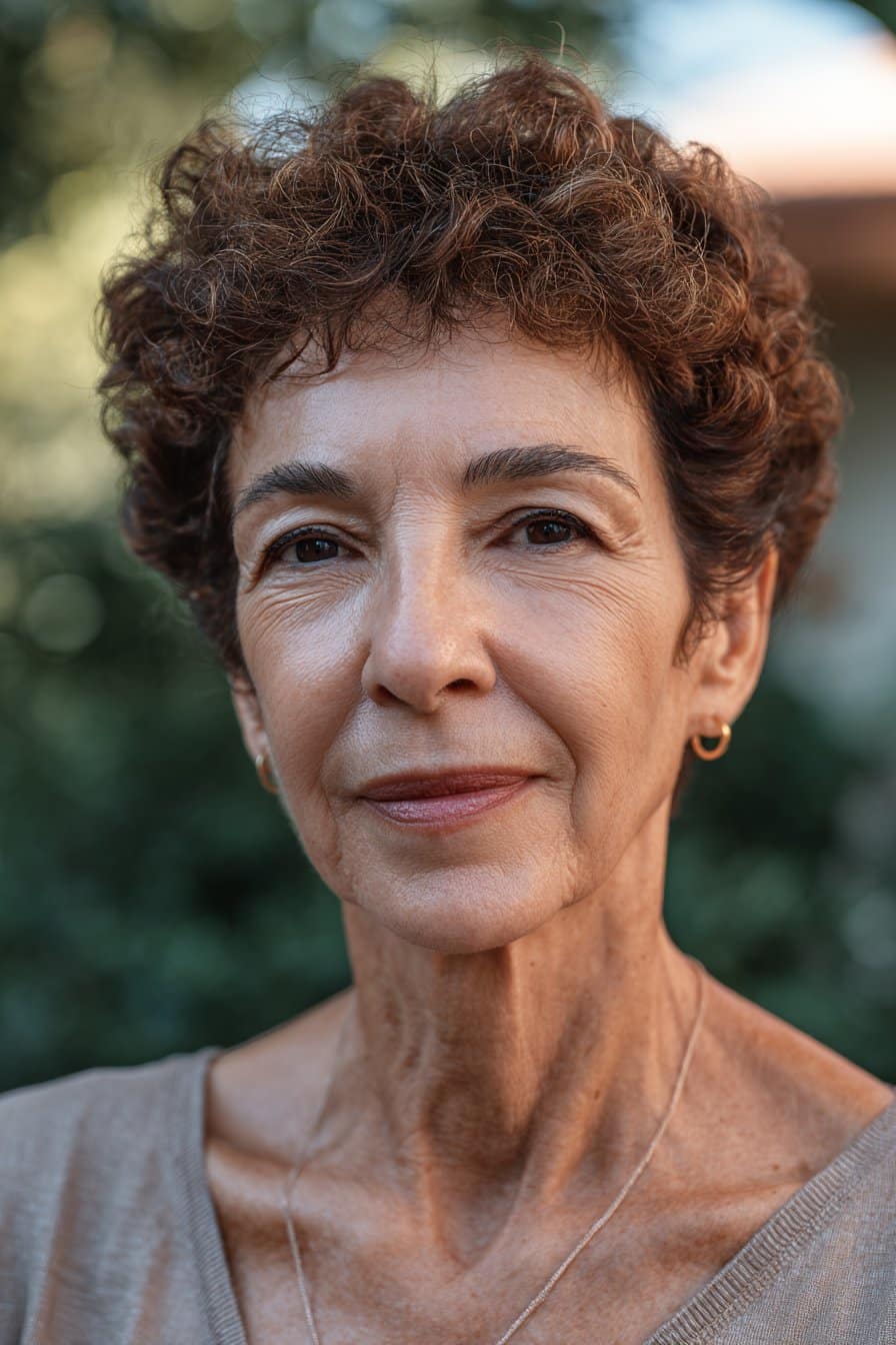 Rounded short afro hairstyle on older woman with soft curls.