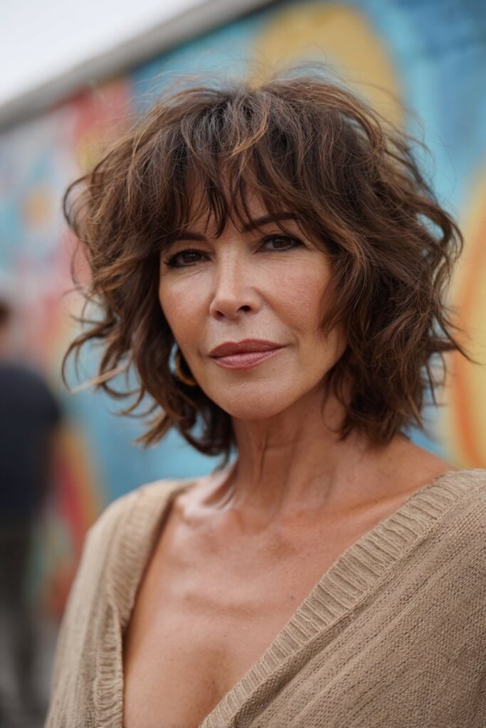 Woman with shaggy bob and wispy bangs framing the face.