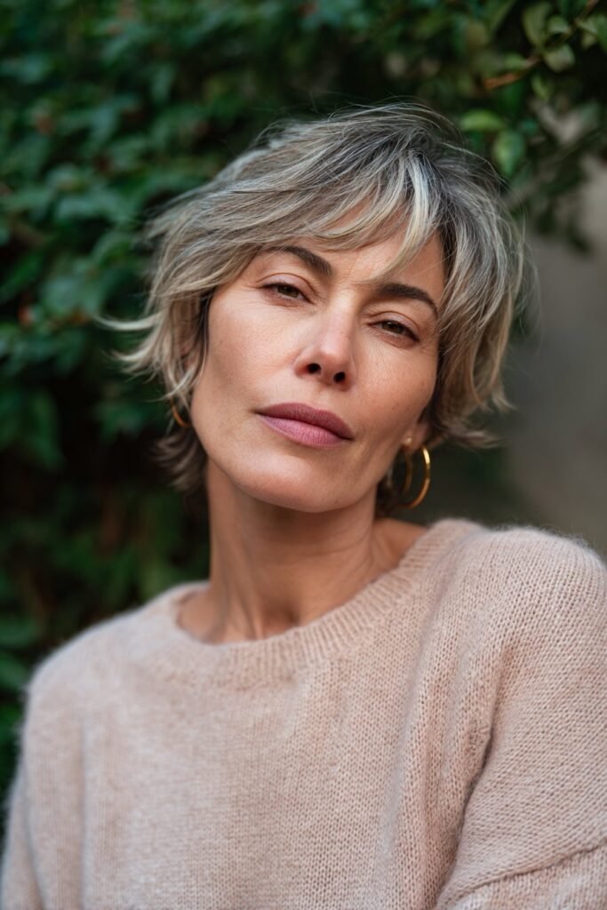 Older woman wearing shaggy lob with layered movement for thick coarse hair.