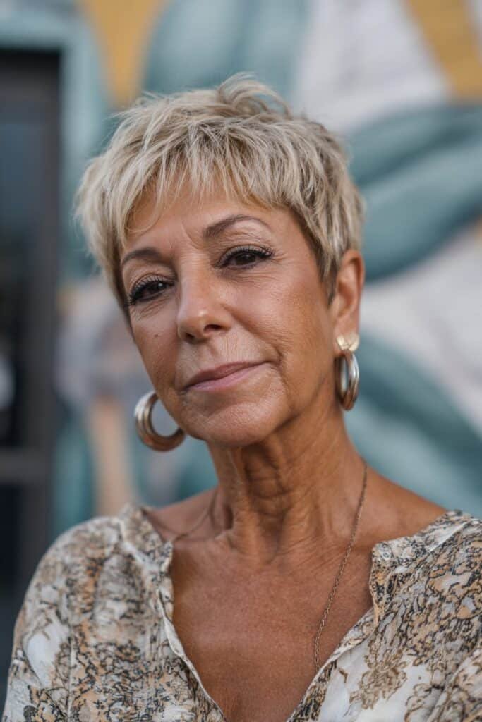 Shaggy pixie short haircut for older women with fine hair and feathered layers.