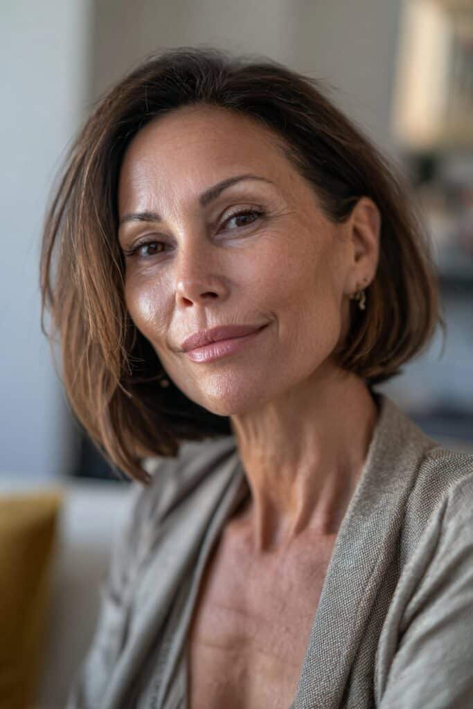 Woman with side swept bob and flowing front layers.