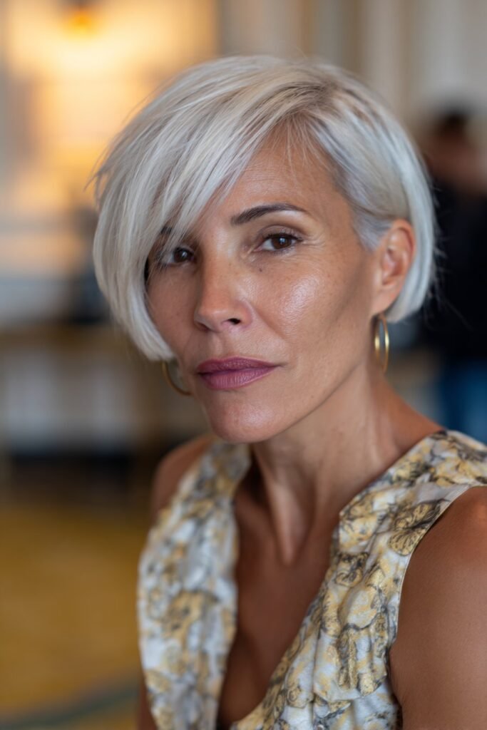 Woman wearing sleek blunt bob with clean sharp ends.