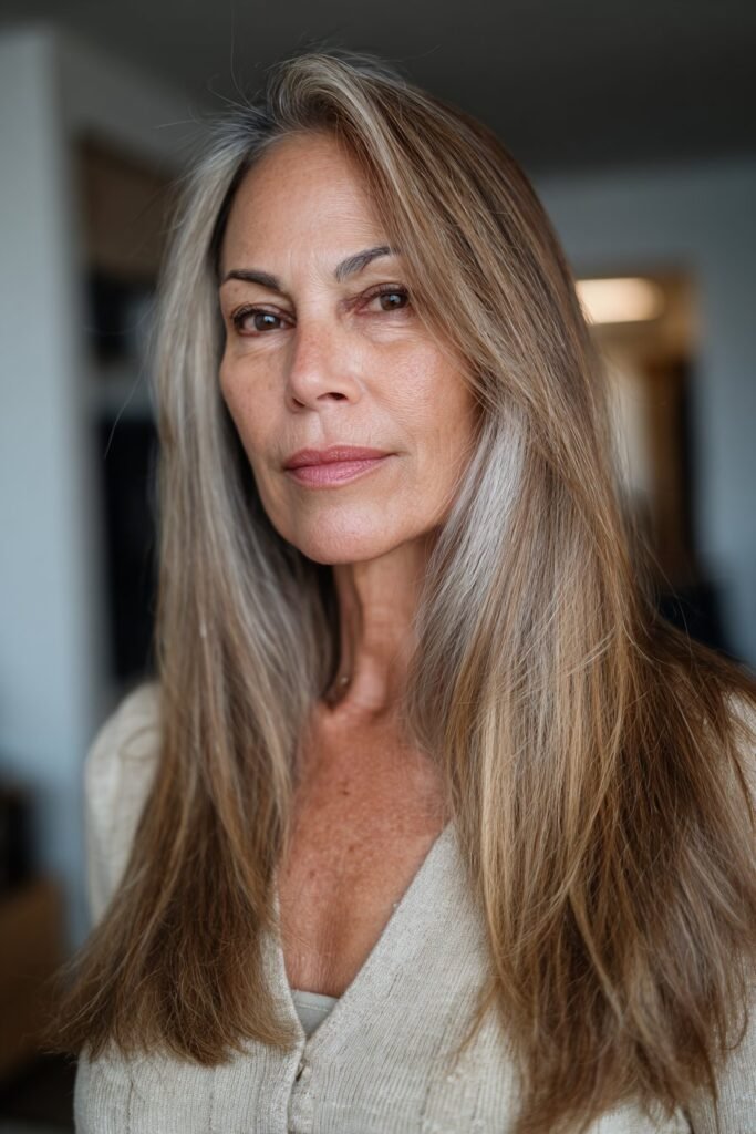 Older woman with sleek middle part open hair style.