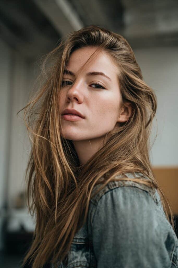 Woman with sleek side-part curtain fringe styled glossy and polished to one side.