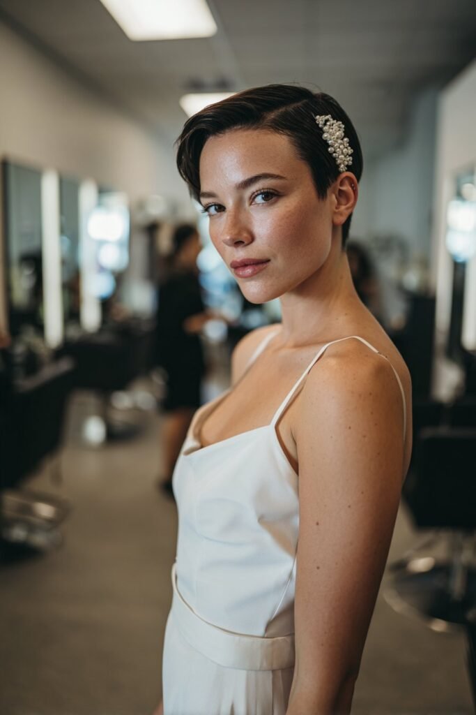 Bride wearing a sleek side-swept crop with pearl comb accessory.