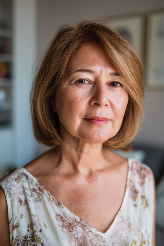 Older woman with soft A line bob and smooth front length.
