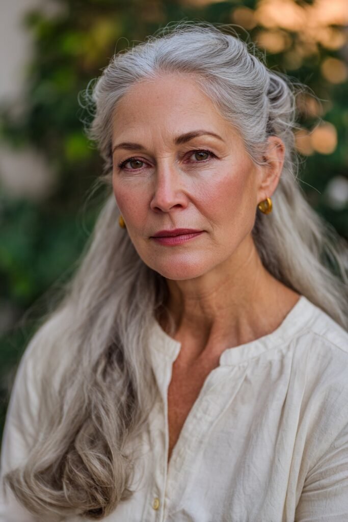 Older woman with soft half up twist, easy hairstyle for older women with long hair.